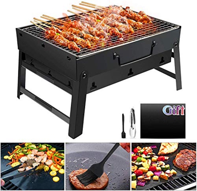 Barbacoa Portátil GolWof Barbacoa Plegable Barbacoa de Acero Inoxidable Barbacoa Carbón Parrilla con BBQ Tapete, BBQ Clip y Cepillo de Aceite para Jar