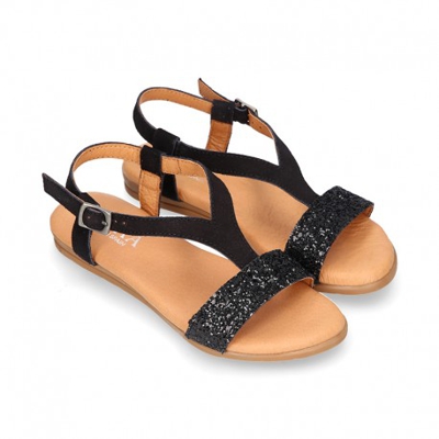 Sandalia Niña Mayor En Piel Serraje Negro Con Glitter. 40 Negro