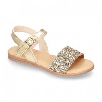 Sandalia Niña Mayor En Piel Con Acabado Glitter. 25 Oro