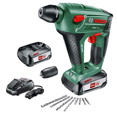 Bosch UneoMaxx - Martillo perforador a batería (2 baterías 18V, cargador, adaptador de vástago redondo, 2 brocas para hormigón SDS-Quick, 2 brocas uni