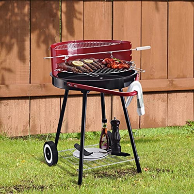 Outsunny Parilla para Barbacoa de Carbón con Rejilla a Diferentes Alturas Parilla de Calentamiento con Estante Redondo 51x70x75,5 cm Rojo y Negro