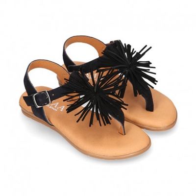 Sandalia Niña Mayor Romana En Piel Con Pompon Negro. 36 Negro