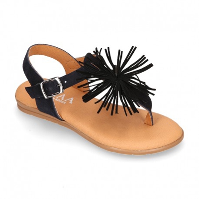 Sandalia Niña Mayor Romana En Piel Con Pompon Negro. 41 Negro