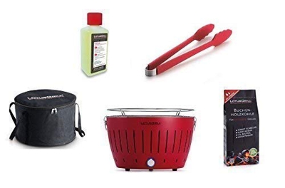 LotusGrill - Barbacoa con conexión USB, 1 carbón de haya de 1 kg, 1 pasta de combustión de 200 ml, 1 pinzas de salchicha rojo fuego y 1 bolsa de trans