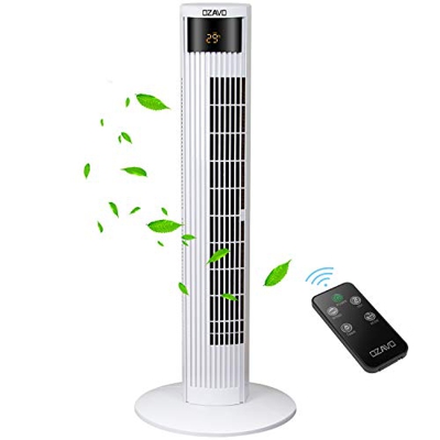 OZAVO Ventilador de Torre Silencioso con Mando a Distancia | 45W 95.5CM | Oscilación de 70° | 3 Velocidades | 3 Modos | 12H Temporizador | Led Pantall