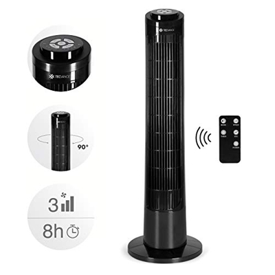 Tecvance TV-0778 Ventilador de Torre con Mando a Distancia-Extra Silencioso y Oscilante 90 ° -3 Niveles de Velocidad y Temporizador – Negro, 1 unidad