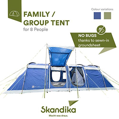 skandika Montana Protect 8 - Tienda campaña - túnel - 4 cabinas - 700x310cm - Suelo Cosido en Forma de bañera - Columna Agua 5000 mm (Azul)