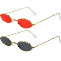 Frienda 2 Pares Gafas de Sol Ovalada Vintage Pequeño Mini Gafas Redondos con Estilo Vintage para Mujer Niña Hombre (Lente Rojo/Gris y Marco Dorado) características