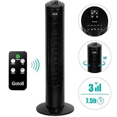 Gotoll Ventilador de Torre Silencioso con Mando a Distancia,Ventilador de Pie 40W 74CM,Oscilación de 70°,3 Velocidades,3 Modos,8H Temporizador（Negro