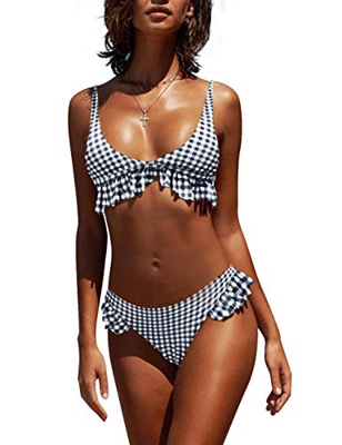 heekpek Bikini a Cuadros Top Triángulo Relleno Braga con Volantes para Mujer