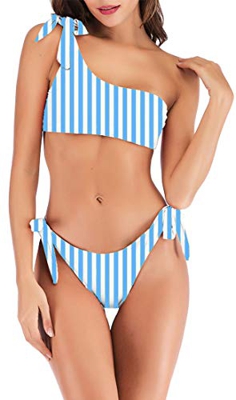 JFan Mujer Conjuntos de Bikini Rayas con Un Hombro Traje de Baño Estampado Anudado Tiras Tanga Braga Bikini Lado Anudado Bañador Atractivo de Dos Piez