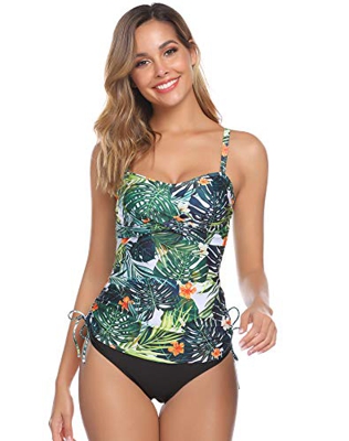 Hawiton Tankini para Mujer Traje de Baño de Dos Piezas Tirantes Ajustables Tops Tankini con Breifs, Diseño de Flores Bañadores para Playa, Piscina, Va