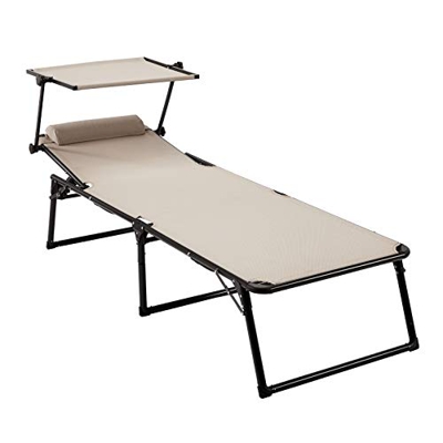 AmazonBasics - Tumbona de aluminio plegable de tres patas con toldo, 5 posiciones ajustables, beige