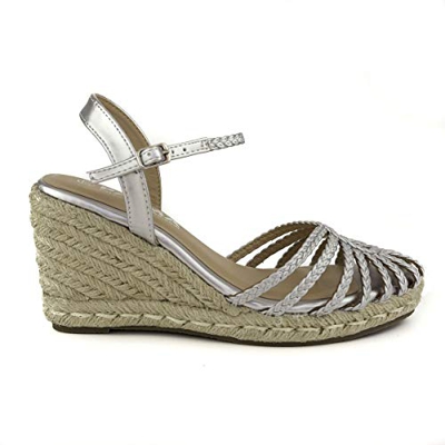 PAYMA - Cuñas de Esparto. Sandalias Cangrejeras Mujer de Yute. Esparteras. Planta Interior Acolchada. Punta Cerrada. Cierre Hebilla de Tobillo. Oro y 