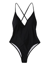 SOLYHUX Mujer Ropa de Baño Vestido de Playa Set Biquini una pieza Con Cuello En V Con Cordones Cruzados En La Espalda， Negro Tamaño L en oferta