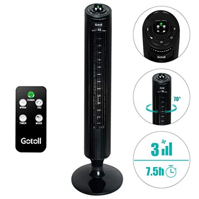 Gotoll Ventilador de Torre Silencioso 45W 84CM,Ventilador de Pie con Mando a Distancia,Oscilación de 70°| 3 Velocidades| 3 Modos| 7.5H Temporizado（Neg