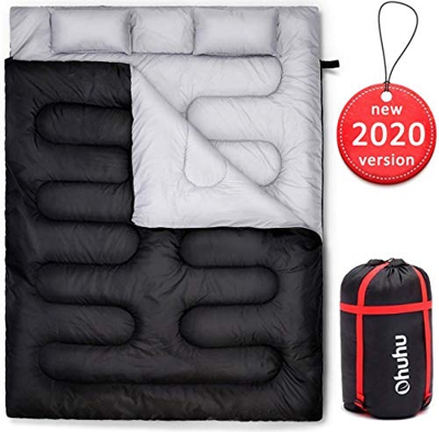 Ohuhu 220x150cm Saco de Dormir Doble Enorme con 2 Almohadas Gratis y una Bolsa de Transporte, Cuatro Doble Tiradores de la Cremallera - Temperatura Có