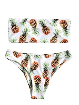 ZAFUL - Bikini tipo bandeau con estampado de piña sin tirantes, corte alto, para mujer Blanco blanco M