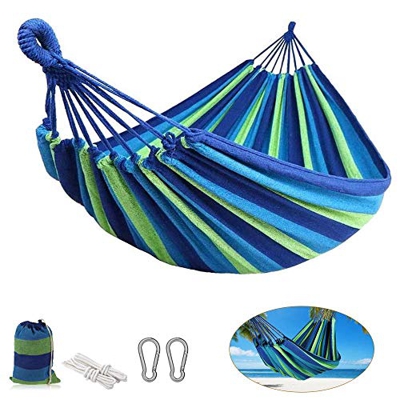KIPIDA Hamaca exterior algodón para varias personas 280 x 150 cm, doble hamaca soporta hasta 300 kg, incluye mosquetón para jardín, interior y exterio