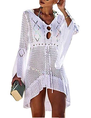 Jinsha Vestido de Playa - Mujer Pareos y Camisola de Playa Sexy Hueco Traje de Baño Punto Bikini Cover up (White)