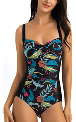 WIN.MAX Traje de baño Acolchado para Reducir Barriga, Traje de baño de Talla Grande para Mujeres Monokinis Vintage Push up (Negro&Verde, EU44) en oferta