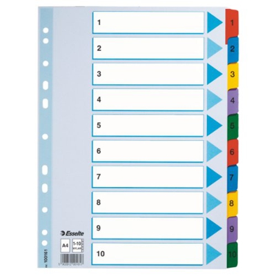 ESSELTE 100161 - Indice para carpetas multitaladro cartón MYLAR DIN A4 con cartulina índice color 1-10 multicolor