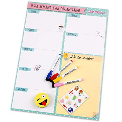 aeioubaby.com Planificador Semanal Magnético, 4 Rotuladores de Colores, 12 Imanes, 1 Borrador | Calendario Nevera 43x32cm Pizarra Cocina| Organizador 