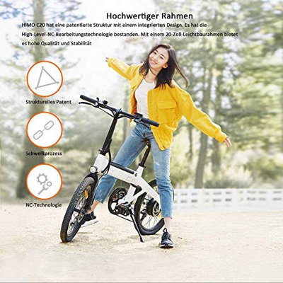HIMO C20 Bicicleta eléctrica con manillar plegable, faros, 250 W, 10 Ah, 80 km de potencia, 3 modos, bicicleta eléctrica con tracción para adultos, Un