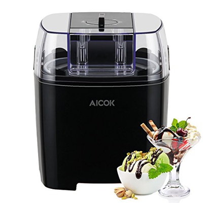 Aicok Maquina de Helados con Temporizador, Maquina Helado de Yogur y Sorbetes con 1.5 Litro, 250W, Libre de BPA, Recetas Incluido, Negro