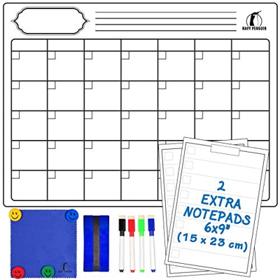 Navy Penguin Set de Calendario Magnético Mensual - Grande Planificador Pizarra Blanca 43x33cm + 2 Listas de Compras + 1 Borrador, 1 Paño, 4 Rotuladore