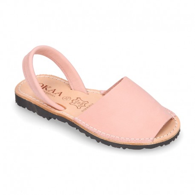 Menorquina Niños Tira En Piel Nobuck Suave En Color Rosa. 34 Rosa