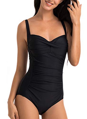 WIN.MAX Traje de baño Acolchado para Reducir Barriga, Traje de baño de Talla Grande para Mujeres Monokinis Vintage Push up (Negro&Blanco, EU44)