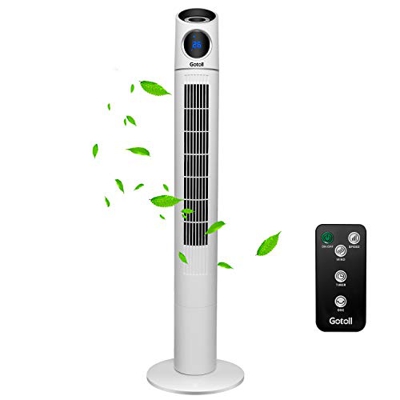 Gotoll Ventilador de Torre 110CM con Mando a Distancia,Ventilador de Pie Blanco 50W,Oscilación de 70°,Panel Táctil,Led Pantalla,3 Velocidades,3 Modos,