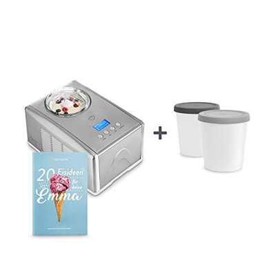 Máquina para hacer helados caseros EMMA, Ice cream maker, Heladera con compresor 1,5 l, recipiente extraíble y pantalla LCD + Libro de recetas