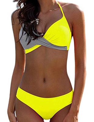 Traje de baño para mujer estilo de retazos, sexy, con tirantes al cuello acolchados, bikini push-up, conjunto de dos piezas amarillo M