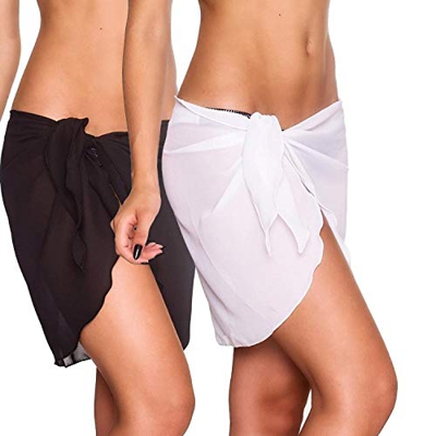 2 Piezas Pareo Playa para Mujer, Negro Blanco Media Pareo Playa de Traje de Baño de Gasa para Damas, Corto Falda Pareo Bikini Cubierta Sarong para Pla