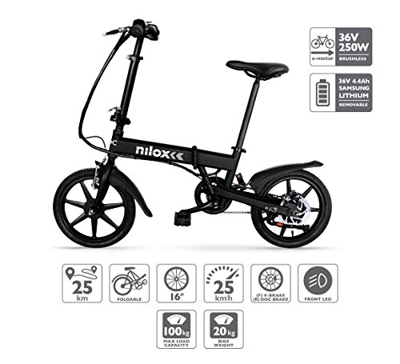 Nilox E Bike 36 V 16 P-X2 Bicicleta Eléctrica, Unisex Adulto, Negro, 58 x 170 x 98