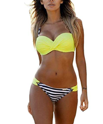 Traje De Baño Bikini-Mujer Push-up Acolchado Bra Bikini Verano Trajes de baño Rayas Tops y Braguitas (L, Amarillo) precio