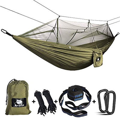 Anyoo Hamaca para Acampar con mosquitero Cama de Tela de Nylon de Paracaida Ligera Portatil para Viajar Excursionismo Mochilero de Viaje Cuerdas y Mos
