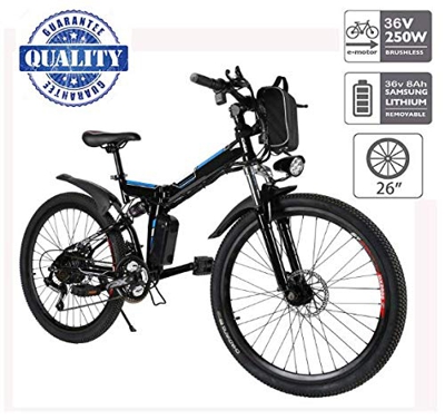 Hiriyt 26" Bicicleta eléctrica de montaña, 250W, Batería 36V E-Bike Sistema de Transmisión de 21 Velocidades con Linterna con Batería de Litio Desmont