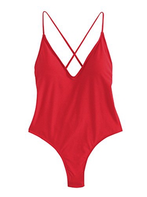 SOLYHUX Mujer Ropa de Baño Vestido de Playa Set Biquini una pieza Con Cuello En V Con Cordones Cruzados En La Espalda， Rojo TamañoM
