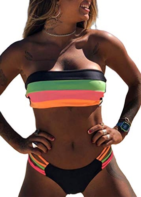 JFAN Mujer Conjunto de Bikini Dividido Colorido Rayas Sin Tirantes Cosido Sujetador Acolchado Sin Respaldo Push-up Bikinis Bottoms Ropa de Playa Traje