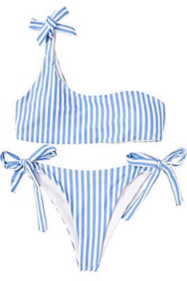 JFAN Mujer Conjuntos de Bikini Rayas con Un Hombro Traje de Baño Estampado Anudado Tiras Tanga Braga Bikini Lado Anudado Bañador Atractivo de Dos Piez