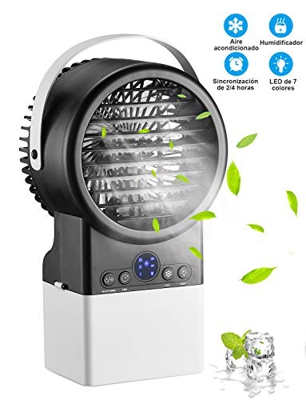 Mini Aire Acondicionado, Humidificador, Purificador, Ventilador en Mesa con Tanque de Agua, 7 Colores de Luz, Cómodo para Dormitorio, Oficina