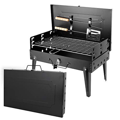 SunJas Barbacoa Portátil Barbacoa de Carbón con Pies Plegable BBQ Barbacoa Asador al Aire Libre para Jardin, Picnic, Acampadas, Camping - Color Negro 