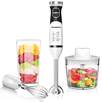 Bonsenkitchen Batidora de Mano, Batidora Eléctrica de Alto Rendimiento 4 en 1, Batidora Multifunción Ajustable de 9 Velocidades con Vaso Medidor, Vaso