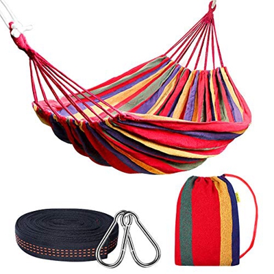 Hamaca de Algodón 190x150CM, Hamacas para Jardín al Aire Libre Acampada con Bolsa, 300kg Carga, Cama Portátil de Lona con 2 Mosquetones Premium y Esli