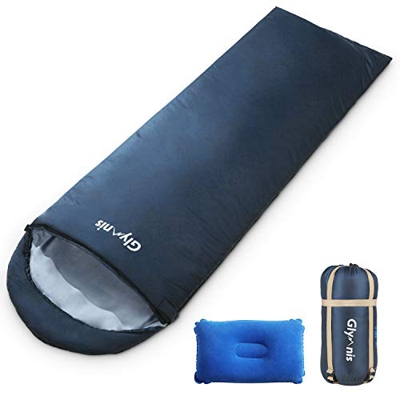 Glymnis Saco de Dormir Ultraligero con Capucha Saco de Dormir Rectangular con Almohada Inflable y Bolsa de Compresión Saco de Dormir Verano para Viaje