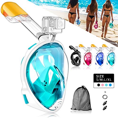 HINATAA Máscara de Buceo, 180°Panorámica Máscara de Snorkel de Cara, Anti-vaho Anti-Fuga,con Tapones con Tapones para los oídos Impermeables,GoPro Mou