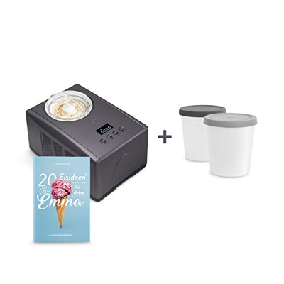 Máquina para hacer helados caseros EMMA, Ice cream maker, Heladera con compresor 1,5 l, recipiente extraíble y pantalla LCD + Libro de recetas